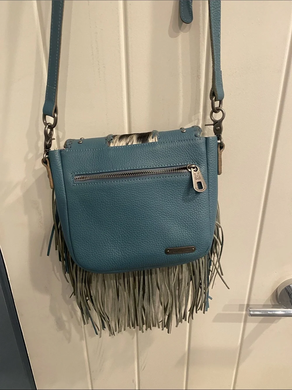 Montana West Teal Fringe Crossbody Bag with Concho and Hair-On Accent